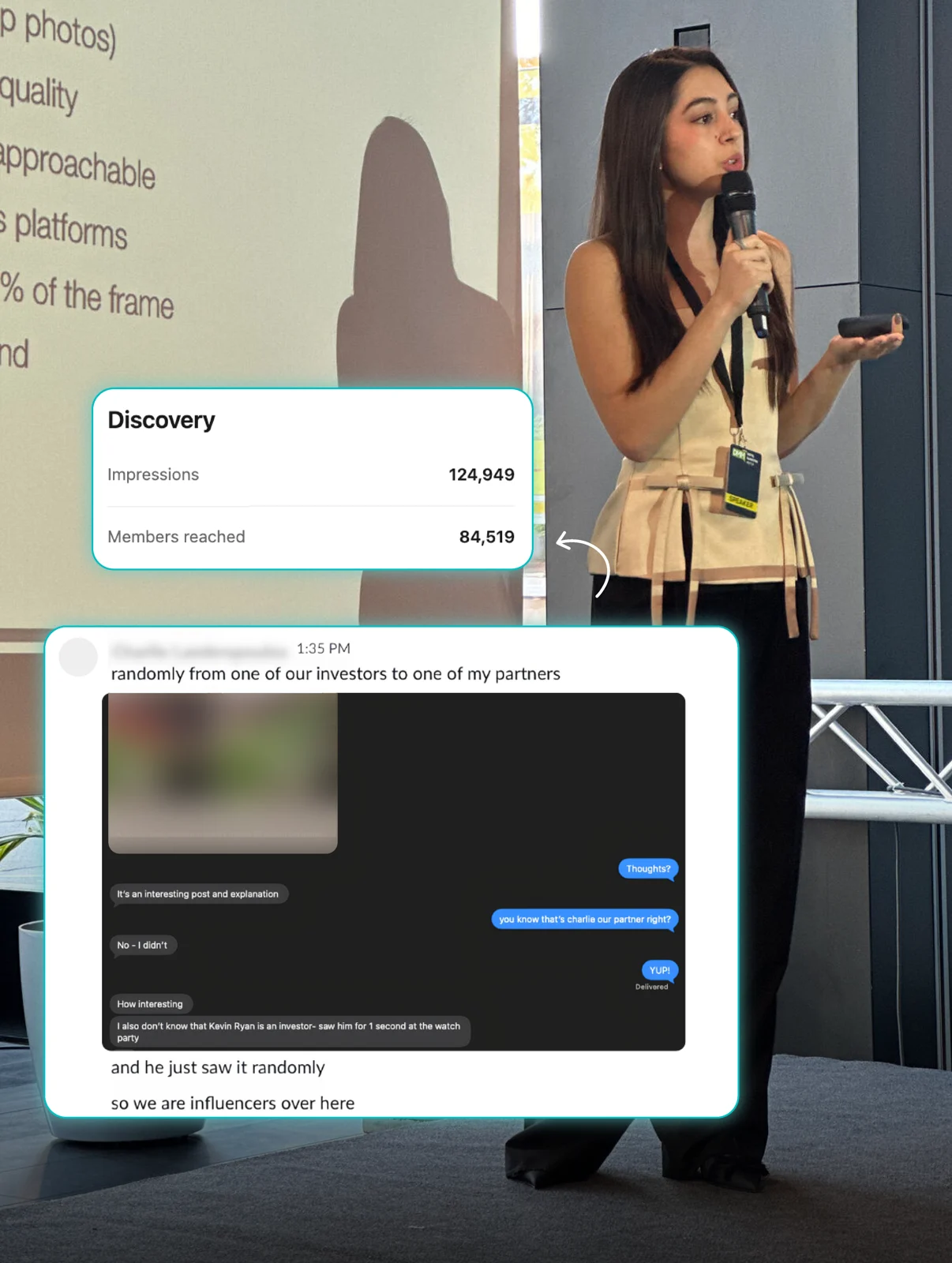 Diandra’s post analytics and a conversation showing Charlie being recognised by an investor