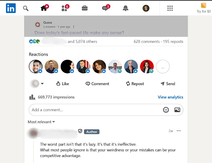 LinkedIn post analytics showing more than 600,000 impressions